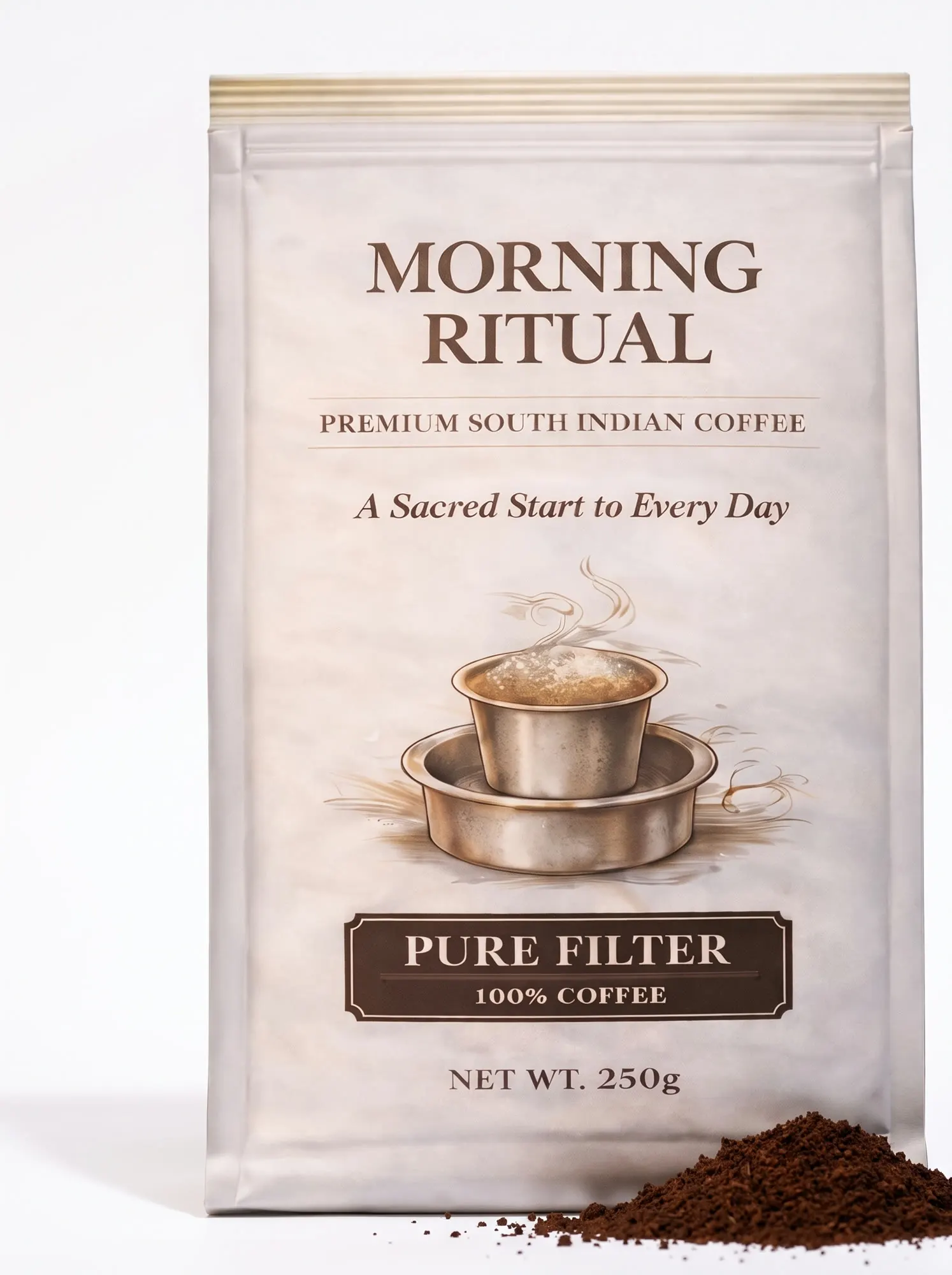 A 250g Morning Ritual Pure Filter bag standing upright against white
