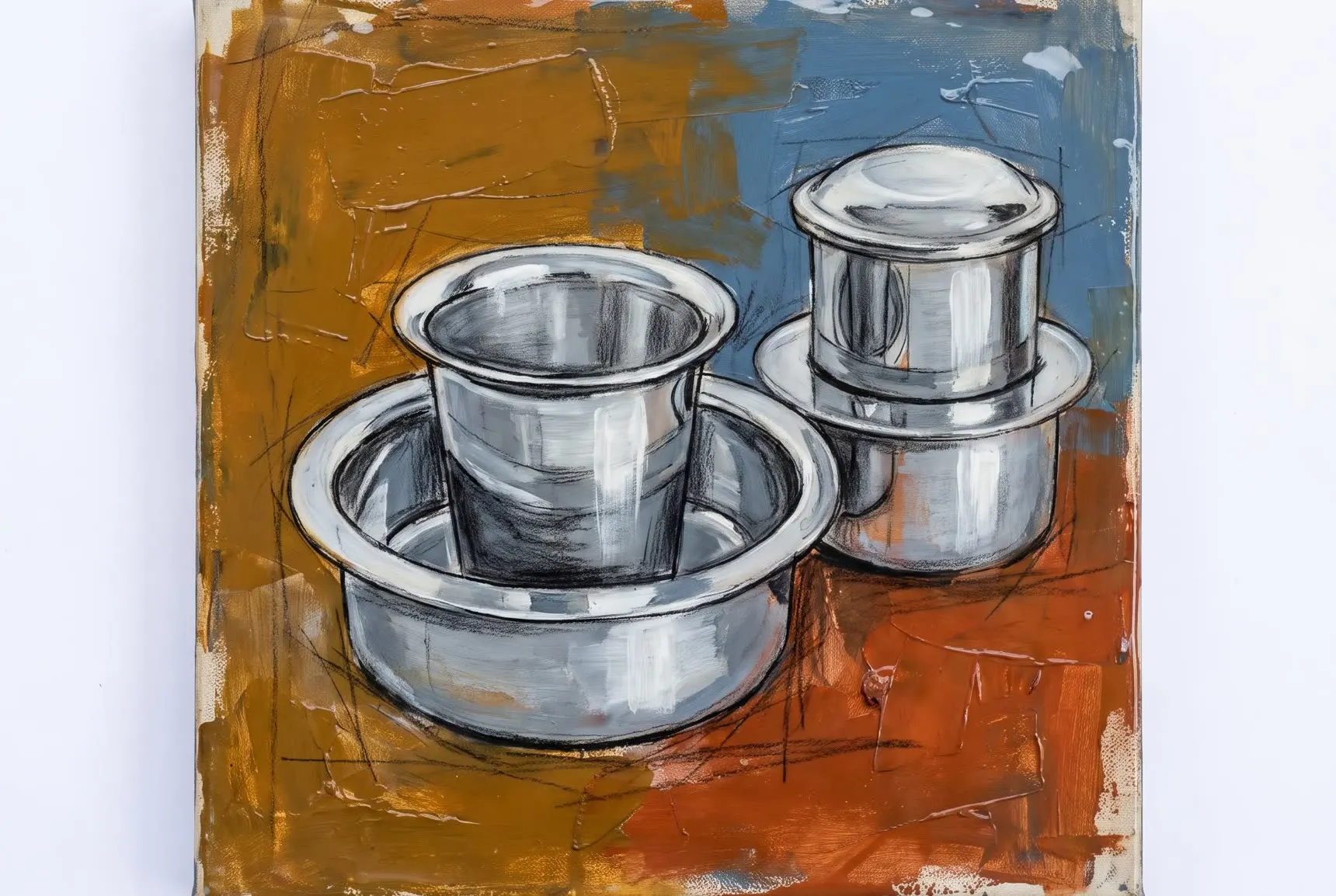 A painting of a steel tumbler and dabara set beside a two chamber coffee filter