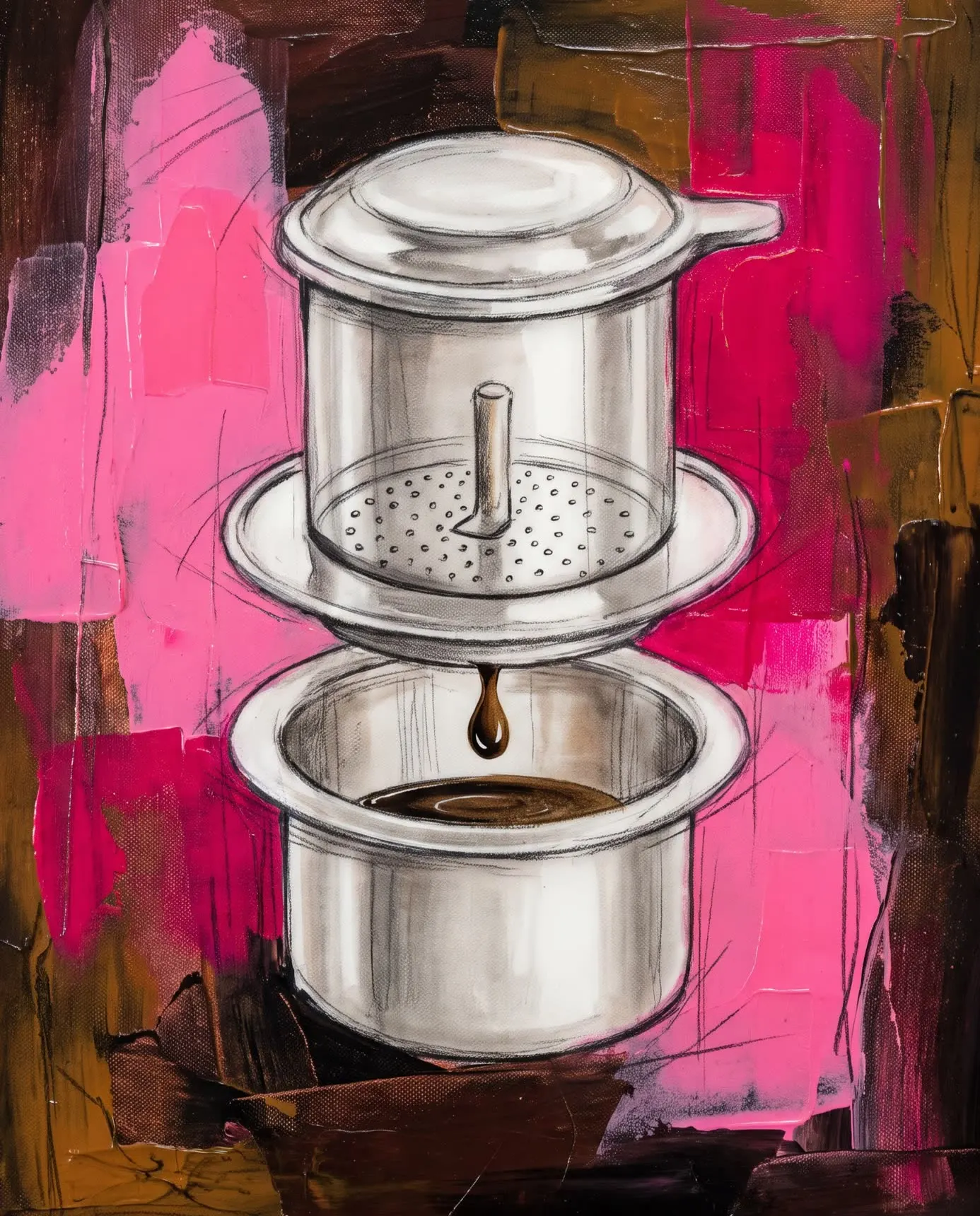 Coffee decoction dripping into the lower chamber of a steel filter