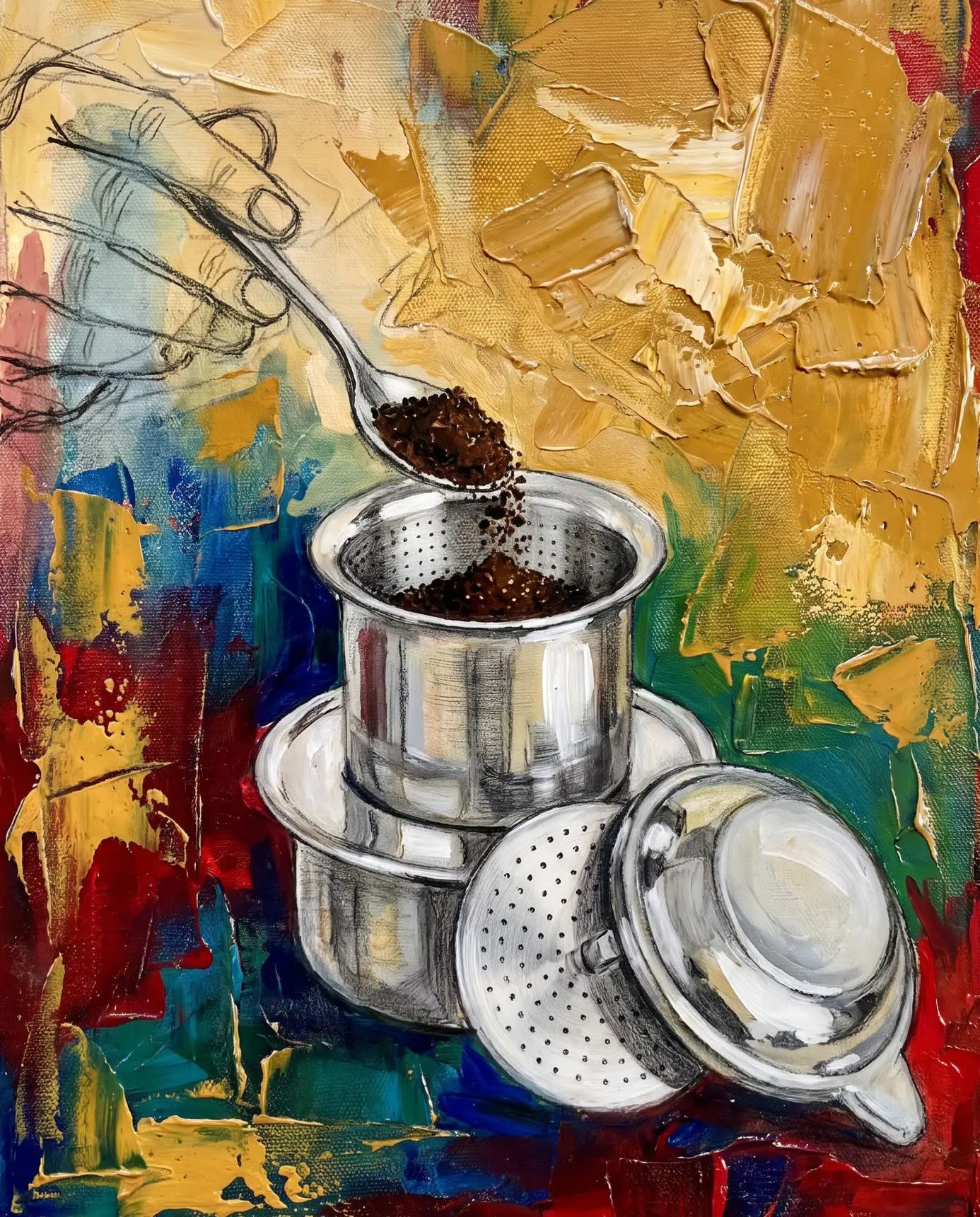 Ground coffee measured into the upper chamber of a steel filter