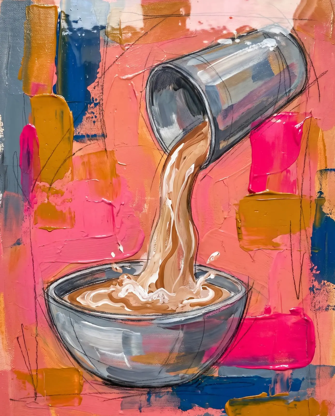 Coffee poured in a long stream between a steel tumbler and dabara